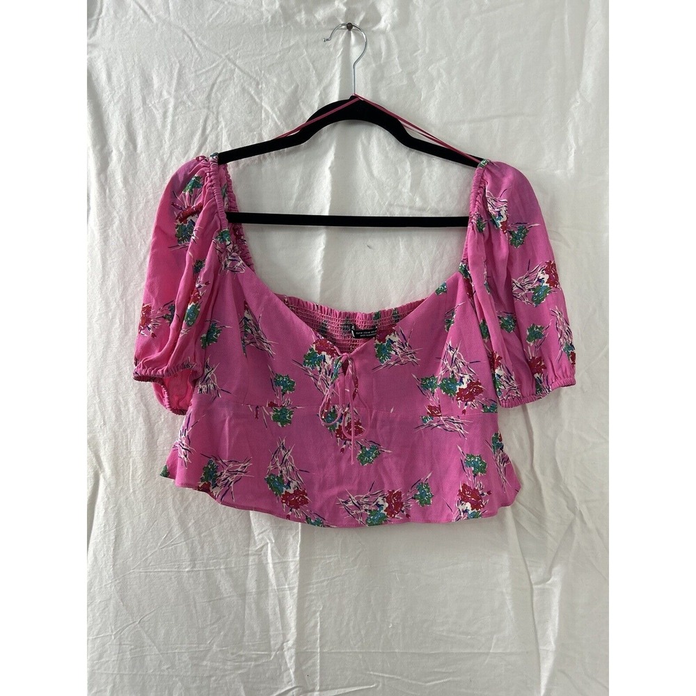 ZARA Floral Poplin Crop Top Smocked Pink Puff Sleeve Milkmaid BarbieCore Size M